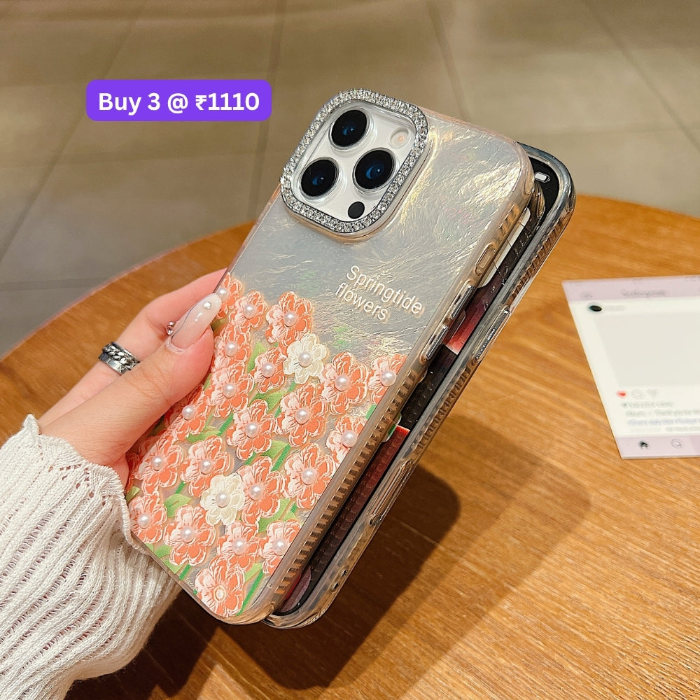 Oil Painted Flower with Embossed Pearl TPU (Soft) Phone Case | Mobile Cover - iPhone 15