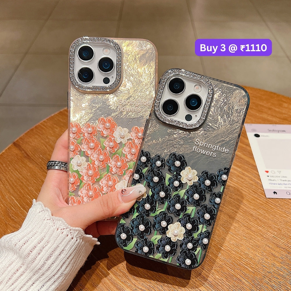 Oil Painted Flower with Embossed Pearl TPU (Soft) Phone Case | Mobile Cover - iPhone 16 Plus