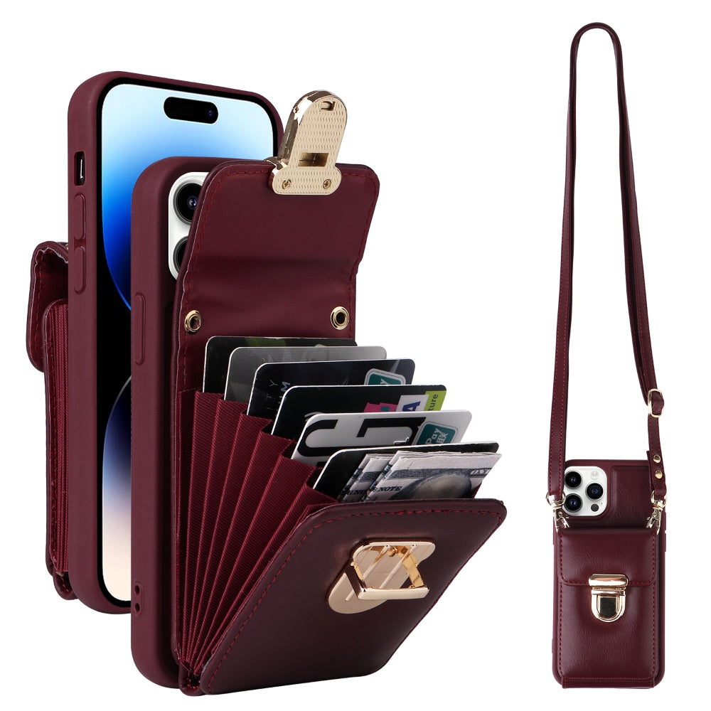 PU Leather Card Holder Case with Adjustable Crossbody Strap - iPhone 12 Pro Max