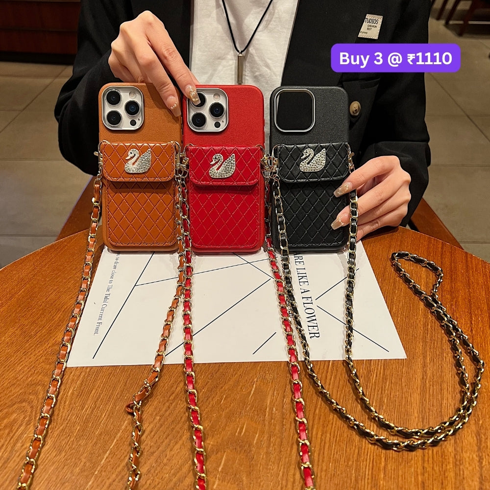 PU Leather Wallet with Lanyard Sling Phone Case | Mobile Cover - iPhone 15