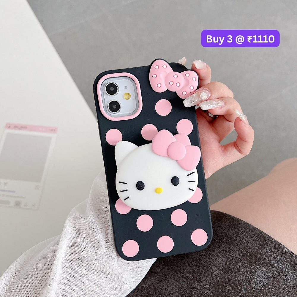Polka Dot Bow Kitty Stand Silicone Phone Case | Mobile Cover - iPhone 15