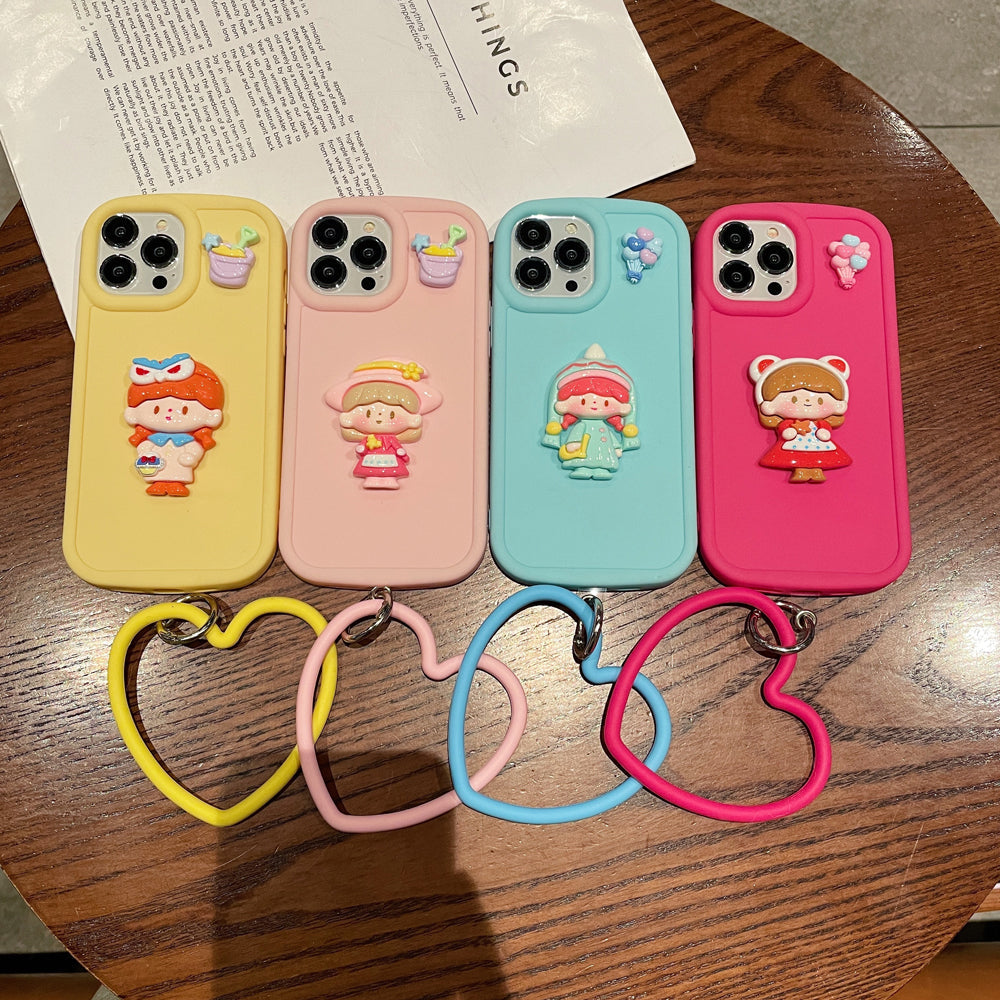 Cute Girl Cartoon 3D Princess Colored TPU (Soft) Phone Case with Heart Shape Bracelet - iPhone 15