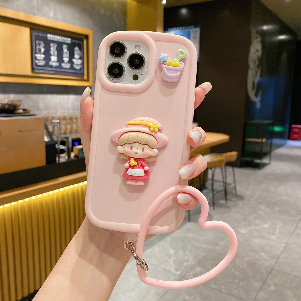 Cute Girl Cartoon 3D Princess Colored TPU (Soft) Phone Case with Heart Shape Bracelet - iPhone 15 Plus