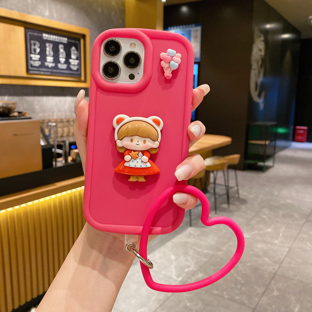 Cute Girl Cartoon 3D Princess Colored TPU (Soft) Phone Case with Heart Shape Bracelet - iPhone 14 Pro