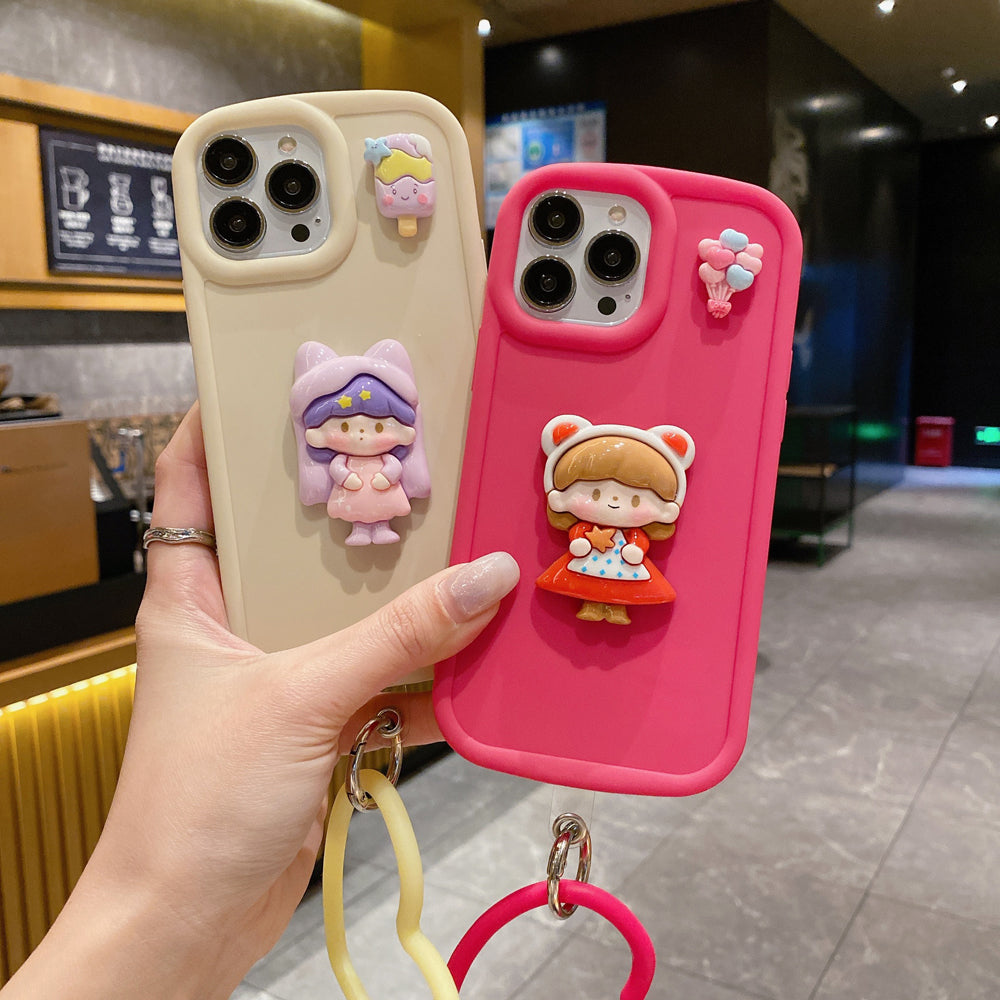 Cute Girl Cartoon 3D Princess Colored TPU (Soft) Phone Case with Heart Shape Bracelet - iPhone 14 Pro