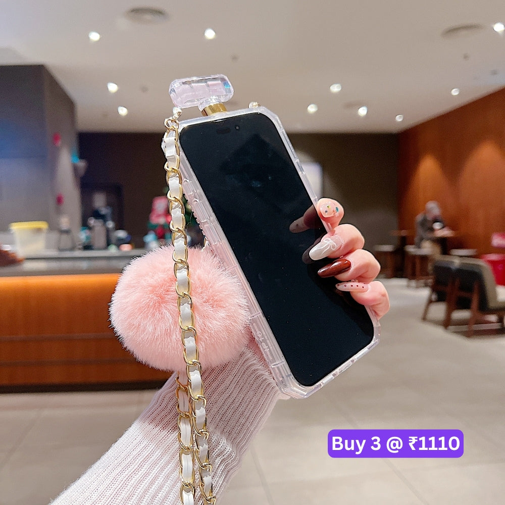 Rehinestone Perfume Bottle Phone Case with Pom Pom Charm and Sling - iPhone 16 Plus