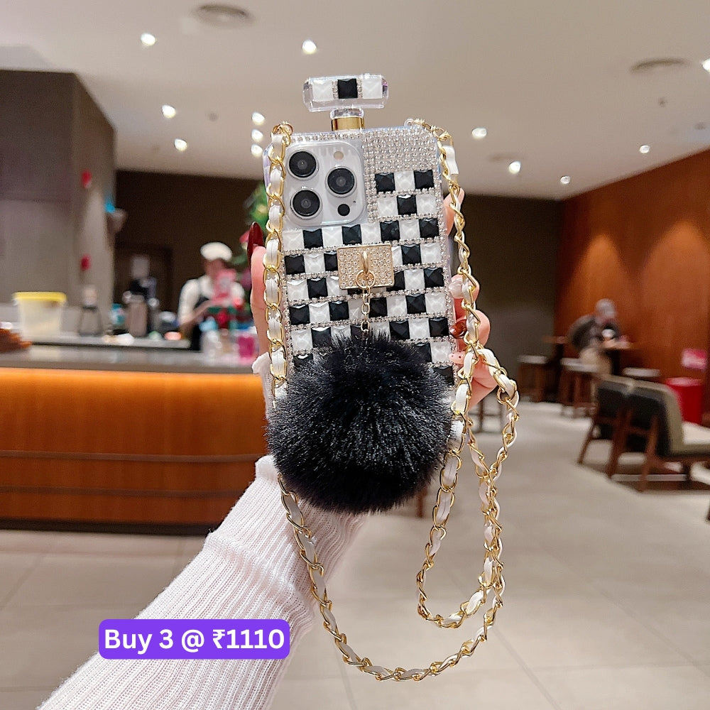 Rehinestone Perfume Bottle Phone Case with Pom Pom Charm and Sling - iPhone 16 Plus