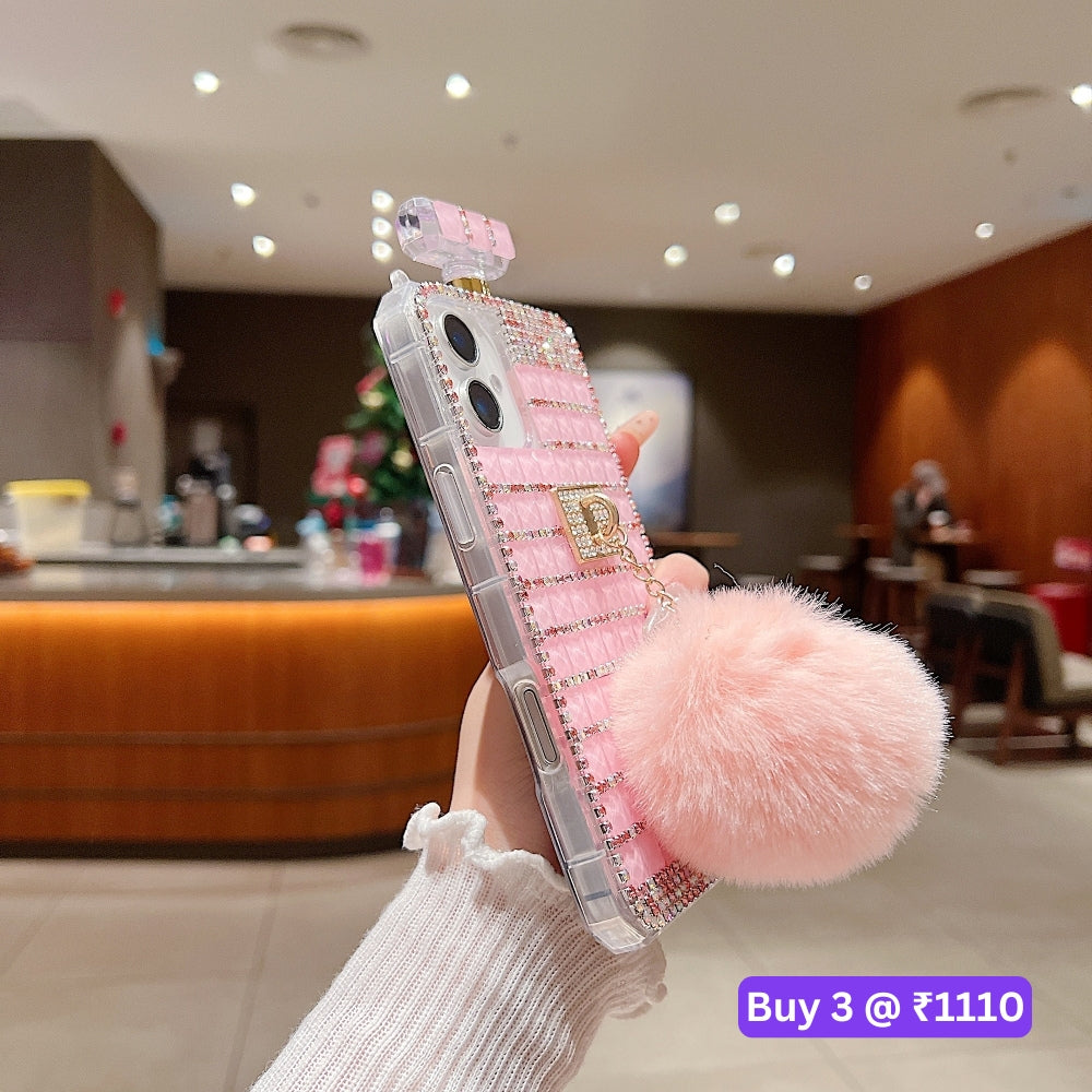 Rehinestone Perfume Bottle Phone Case with Pom Pom Charm and Sling - iPhone 16 Plus