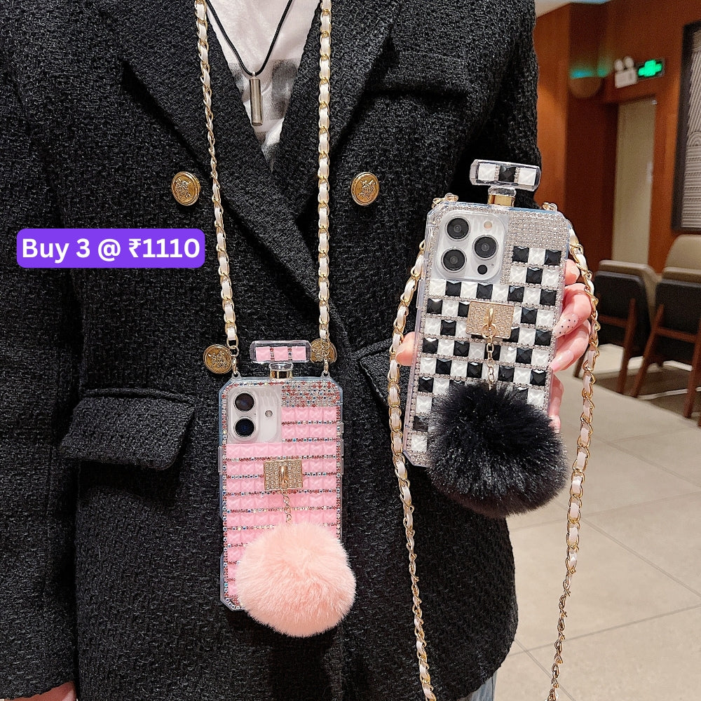 Rehinestone Perfume Bottle Phone Case with Pom Pom Charm and Sling - iPhone 16 Plus