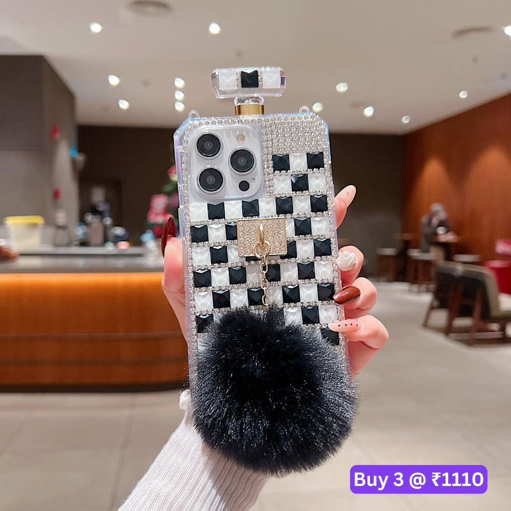 Rehinestone Perfume Bottle Phone Case with Pom Pom Charm and Sling - iPhone 16 Plus