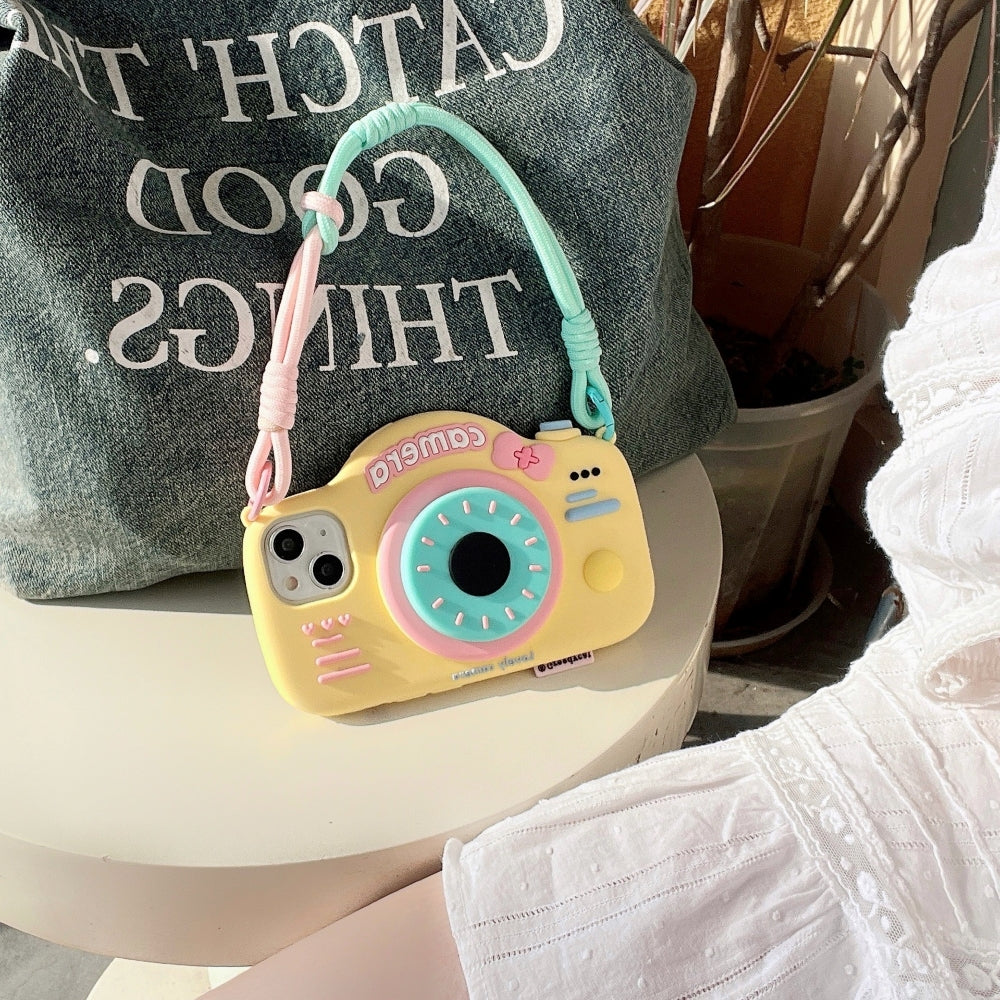 Retro Camera Shape Stand Phone Case With Lanyard Strap - iPhone 15