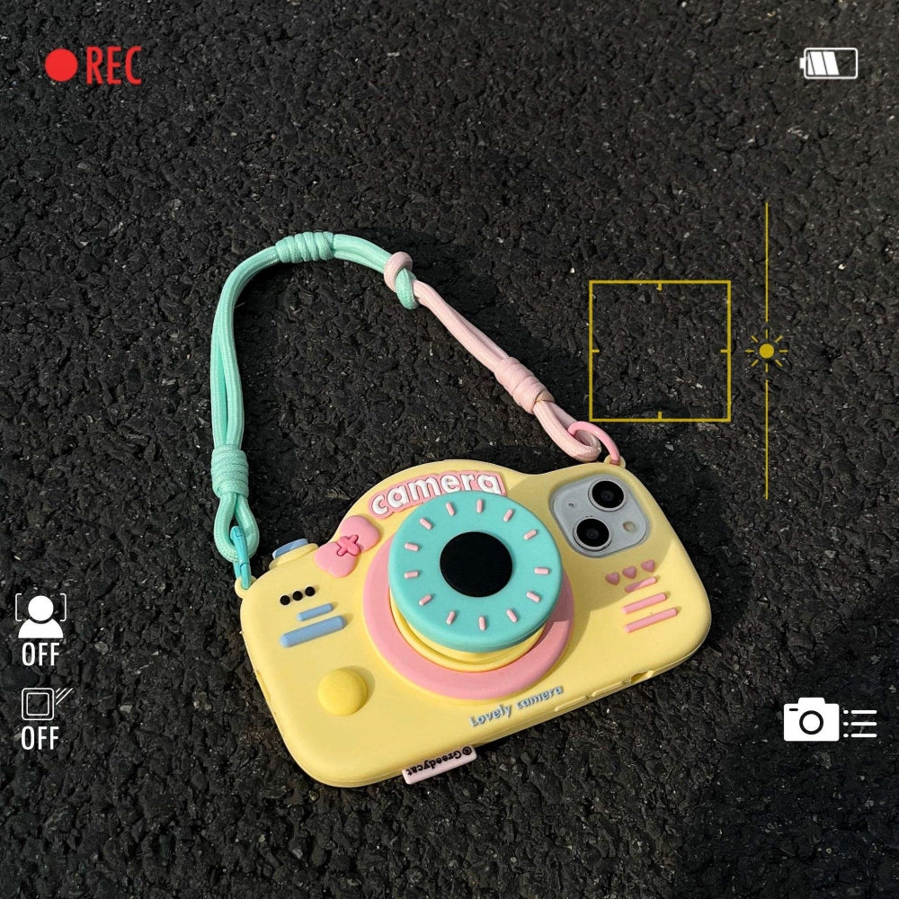 Retro Camera Shape Stand Phone Case With Lanyard Strap - iPhone 15