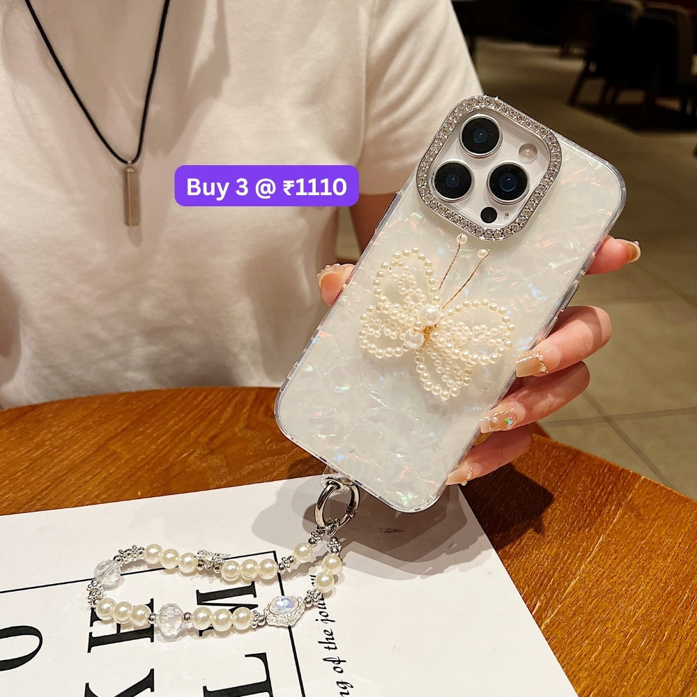 Shining Colorful Clear Pearl Butterfly Phone Case | Mobile Case with Bracelet - iPhone 15