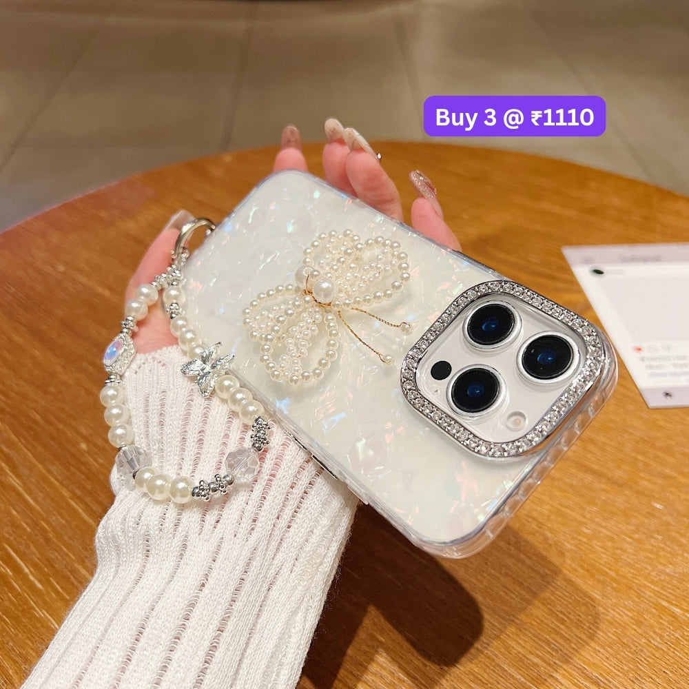 Shining Colorful Clear Pearl Butterfly Phone Case | Mobile Case with Bracelet - iPhone 16 Plus