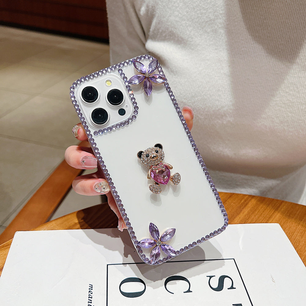 Crystal Stone Bear Heart Bling Flower Transparent Phone Case - iPhone 15