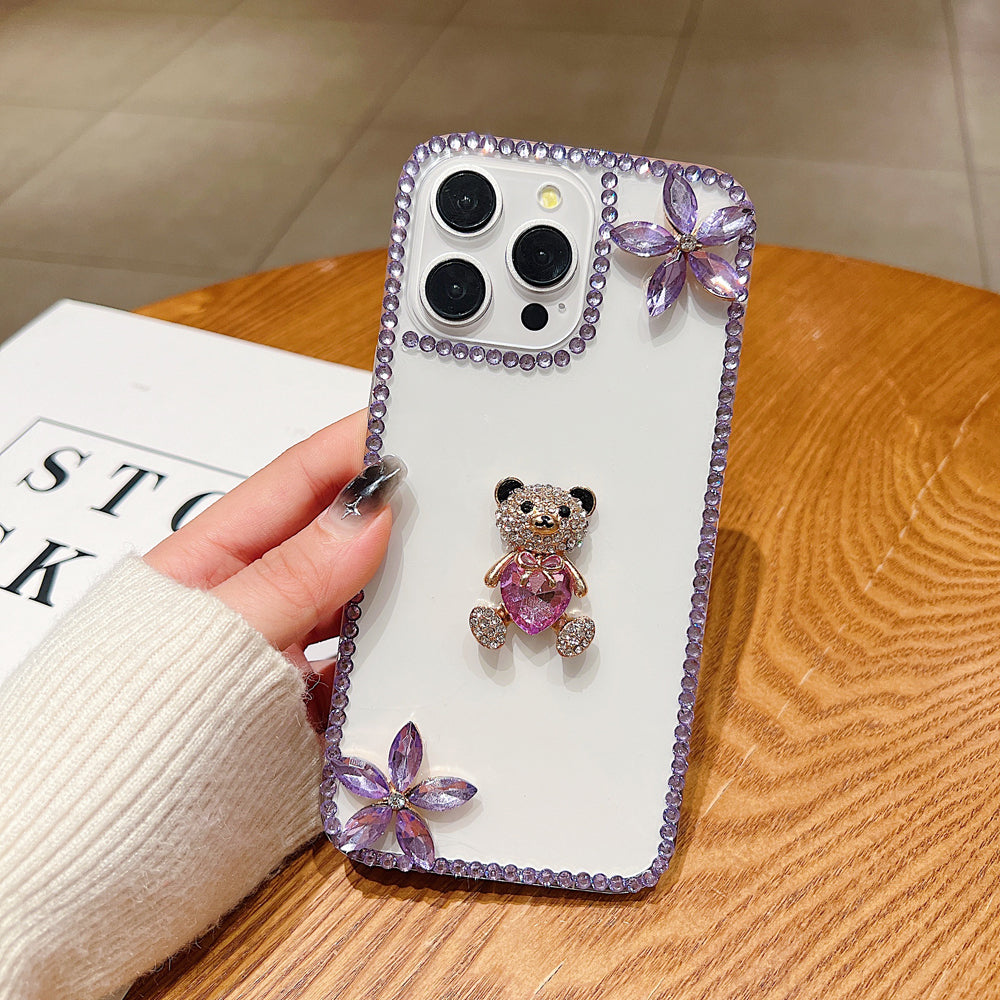 Crystal Stone Bear Heart Bling Flower Transparent Phone Case - iPhone 14 Pro