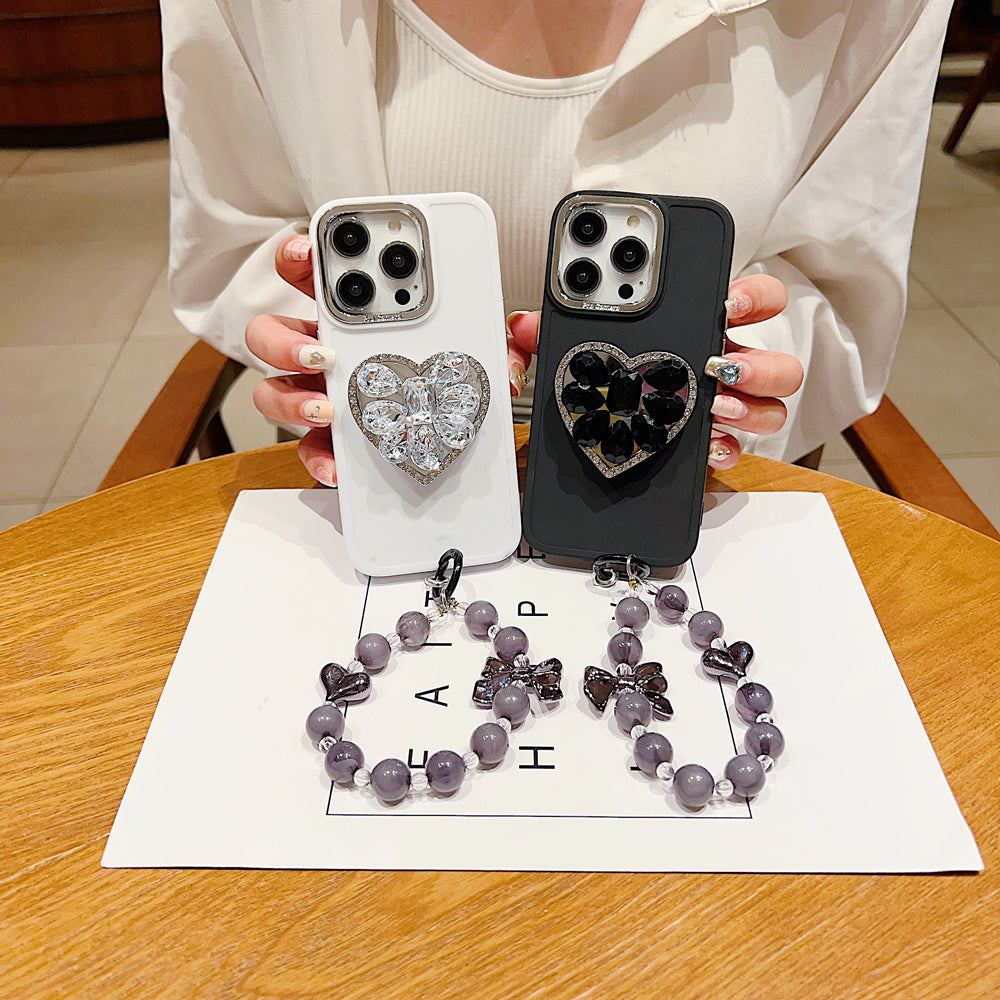 Stone Heart Shape Stand Silicone Soft Phone Cover with Bracelet - Samsung A14 (5G)