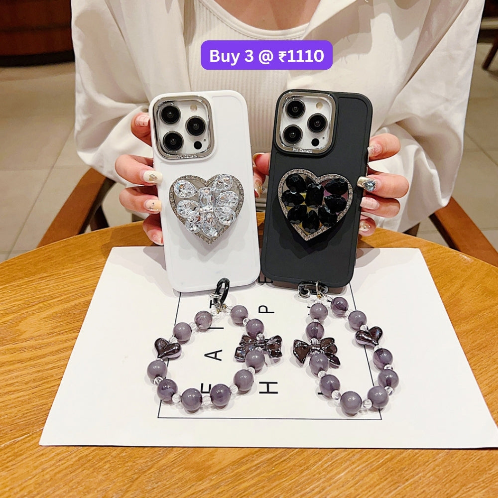 Stone Heart Shape Stand Silicone Soft Phone Cover with Bracelet - iPhone 15 Pro