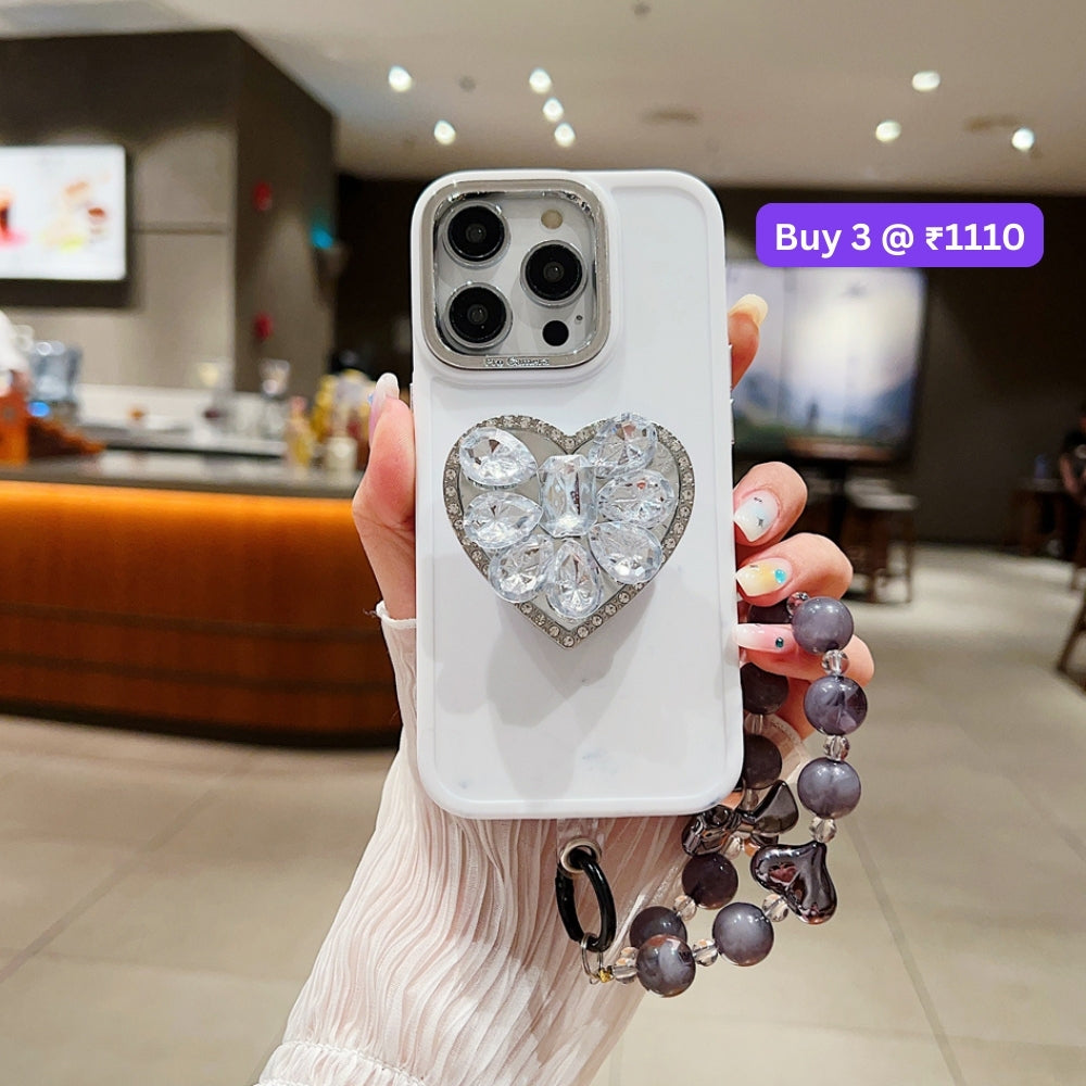 Stone Heart Shape Stand Silicone Soft Phone Cover with Bracelet - iPhone 15 Pro