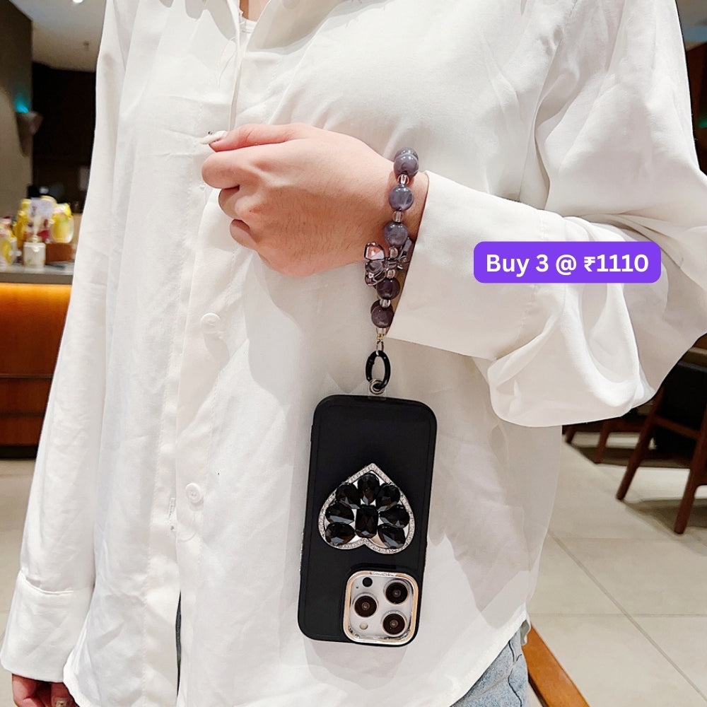Stone Heart Shape Stand Silicone Soft Phone Cover with Bracelet - iPhone 15 Pro