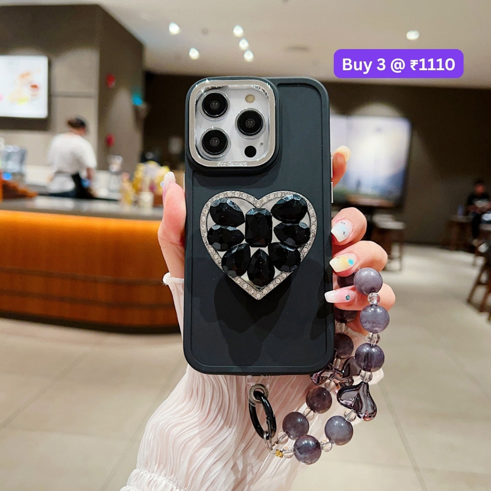 Stone Heart Shape Stand Silicone Soft Phone Cover with Bracelet - iPhone 15 Pro