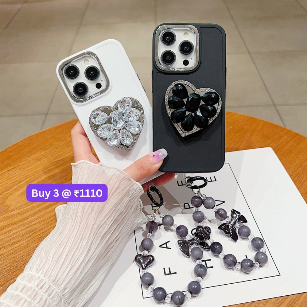 Stone Heart Shape Stand Silicone Soft Phone Cover with Bracelet - iPhone 15 Pro