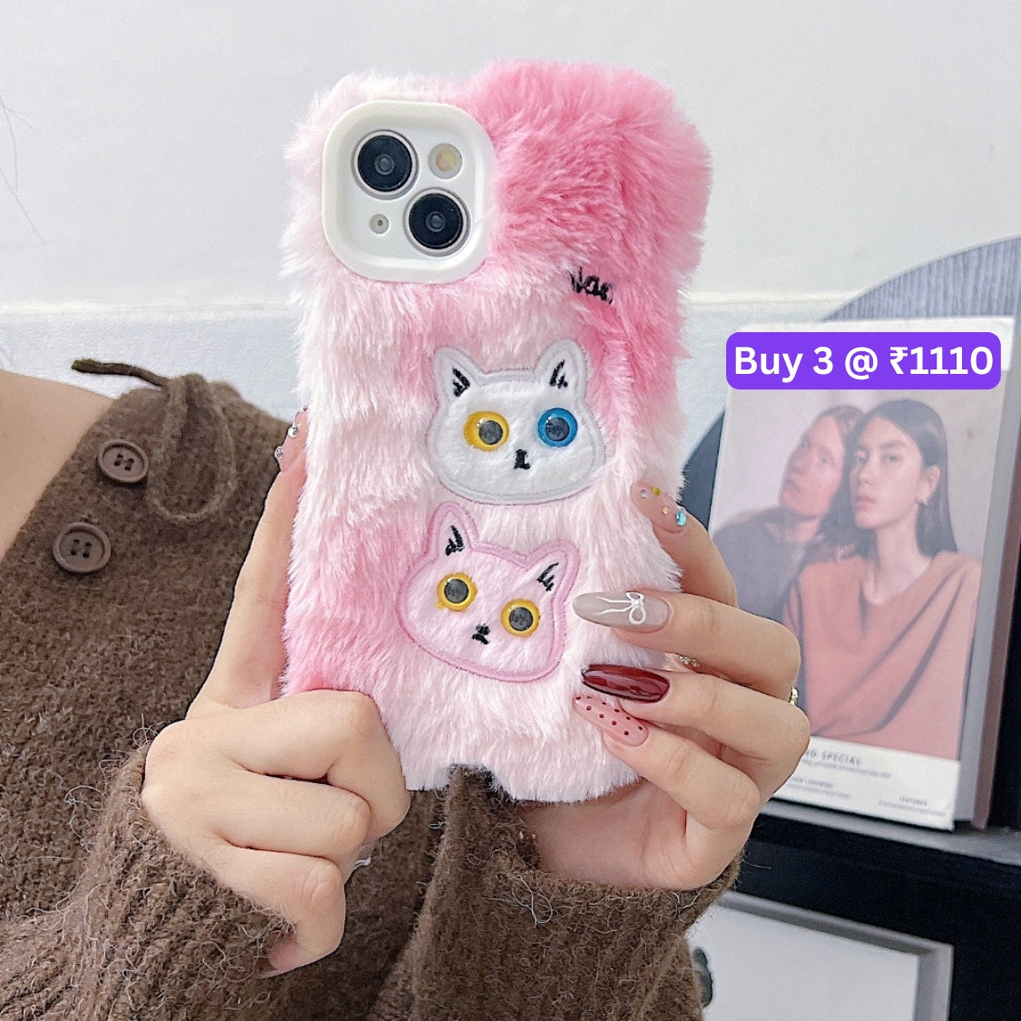 Warm Fluffy Furry Cat Embroided Camera Protection Phone Case - iPhone 15 Pro Max