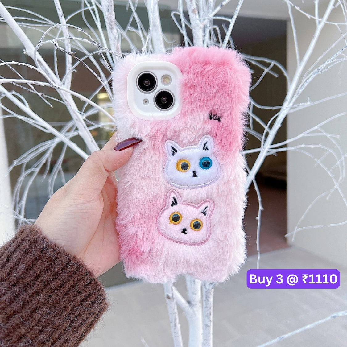 Warm Fluffy Furry Cat Embroided Camera Protection Phone Case - iPhone 15 Pro Max