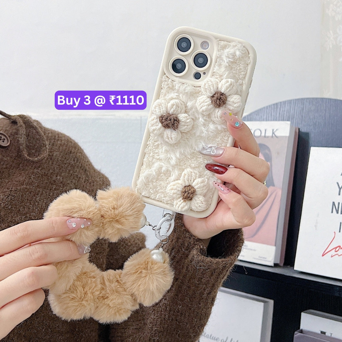 Woolen Flower Furry TPU (Soft) Camera Protection Phone Case with Bracelet - iPhone 16