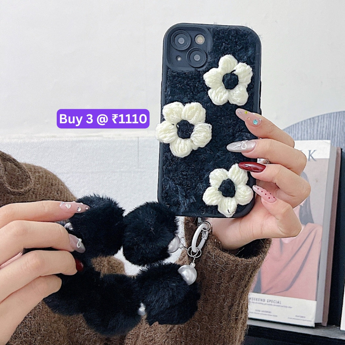 Woolen Flower Furry TPU (Soft) Camera Protection Phone Case with Bracelet - iPhone 15 Pro Max