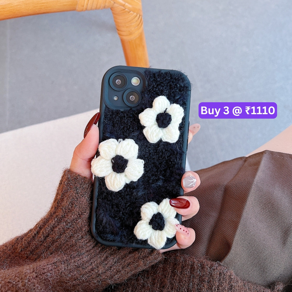 Woolen Flower Furry TPU (Soft) Camera Protection Phone Case with Bracelet - iPhone 15 Pro Max