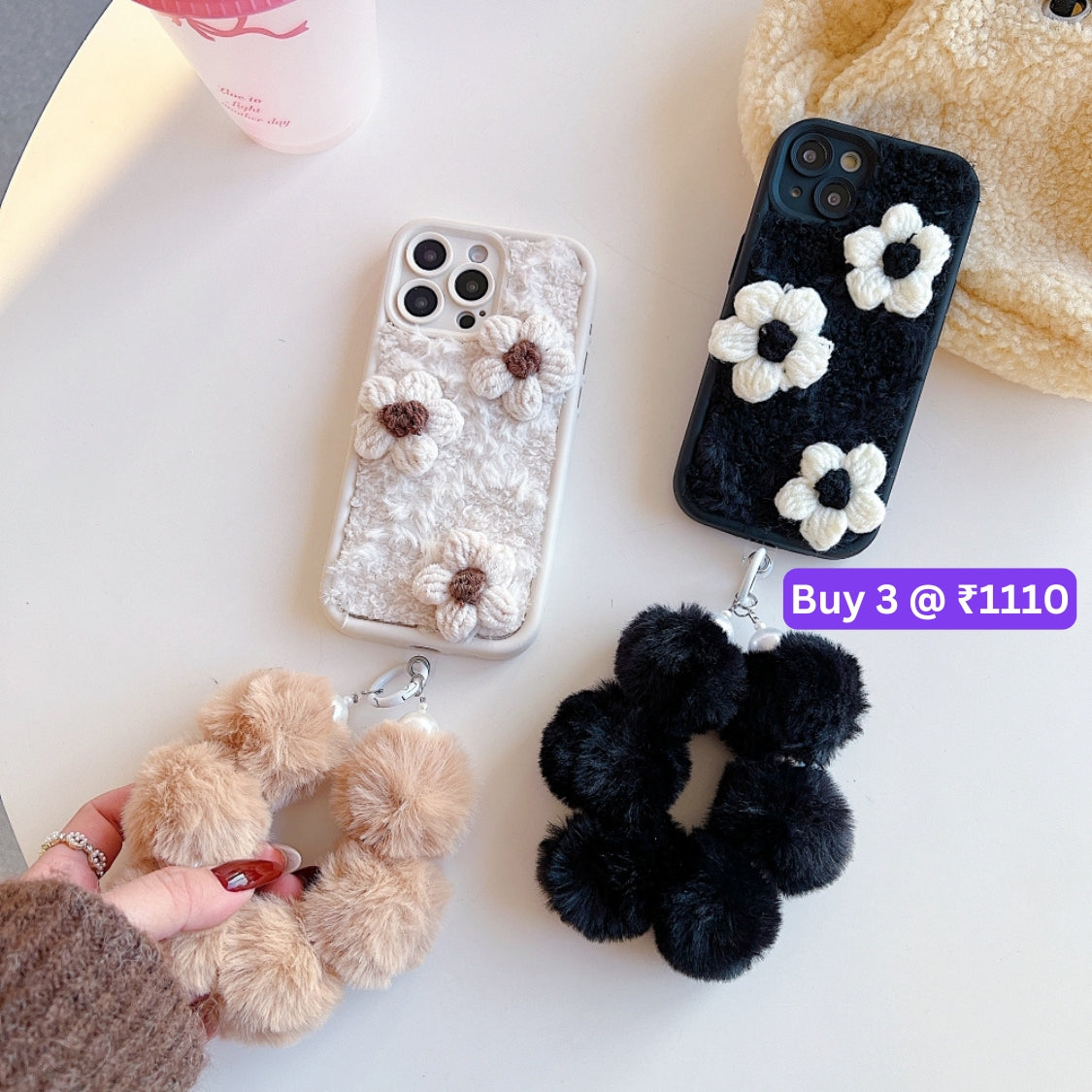 Woolen Flower Furry TPU (Soft) Camera Protection Phone Case with Bracelet - iPhone 16