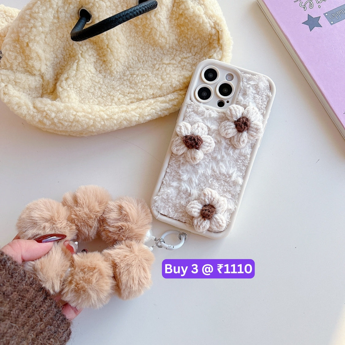 Woolen Flower Furry TPU (Soft) Camera Protection Phone Case with Bracelet - iPhone 15 Pro Max