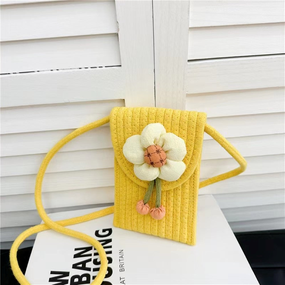 Woven Flower Pattern Rope Cross Body | Sling | Universal Magnetic Closer Mobile Pouch Bag