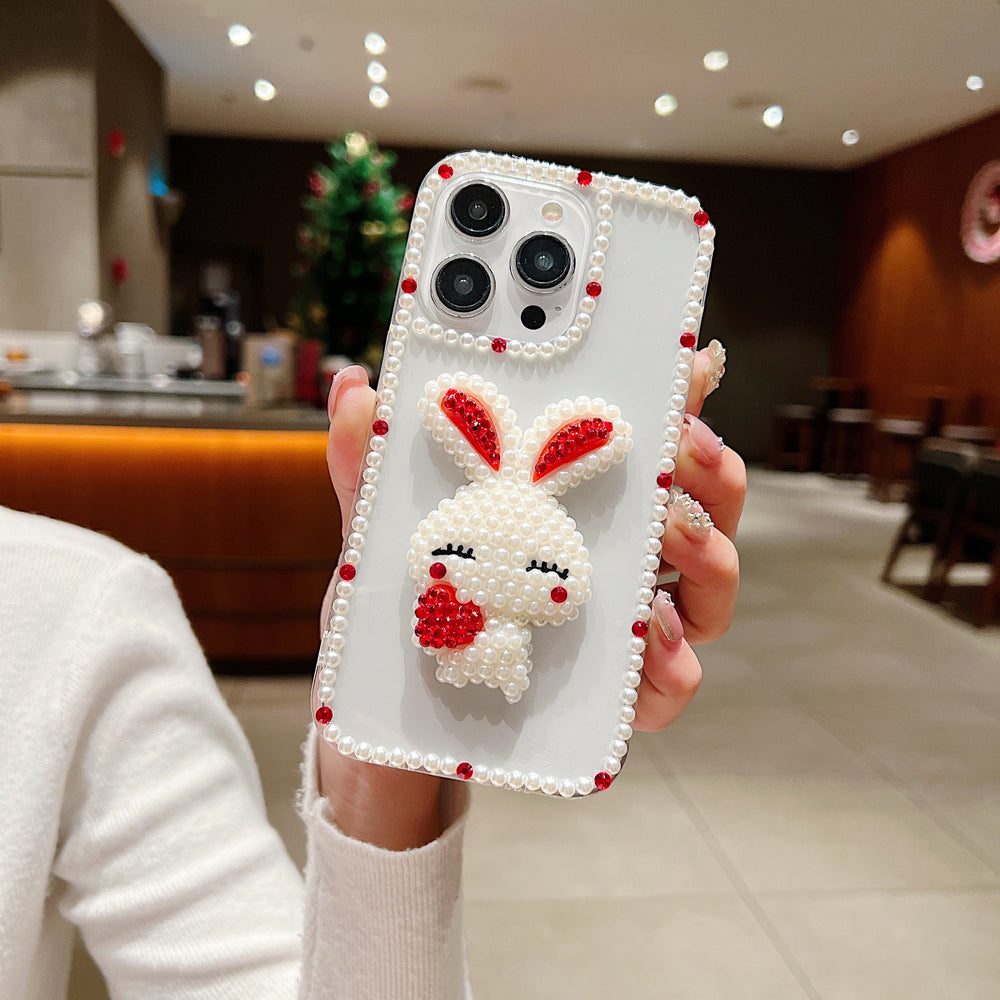 Cute 3D Pearl Rabbit with Pearl Border Transparent Phone Case - Samsung S22 Ultra