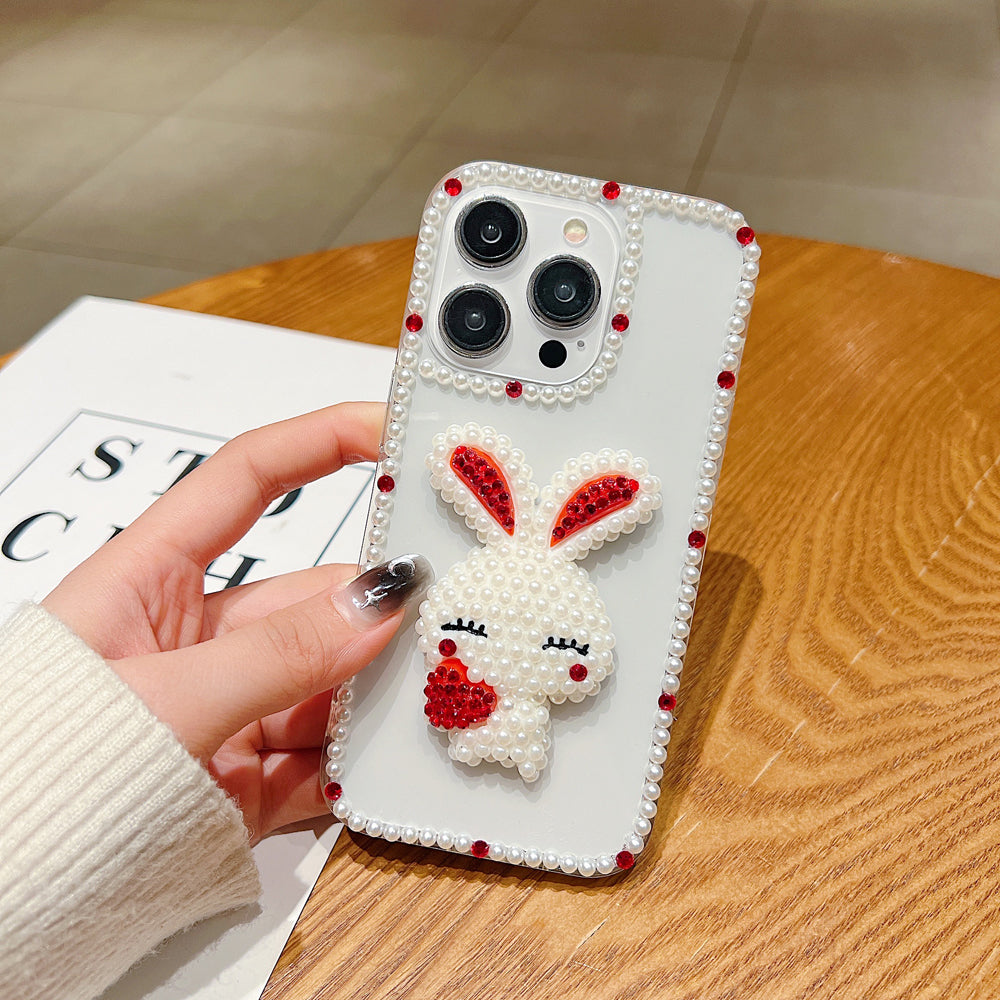 Cute 3D Pearl Rabbit with Pearl Border Transparent Phone Case - Samsung S22 Ultra