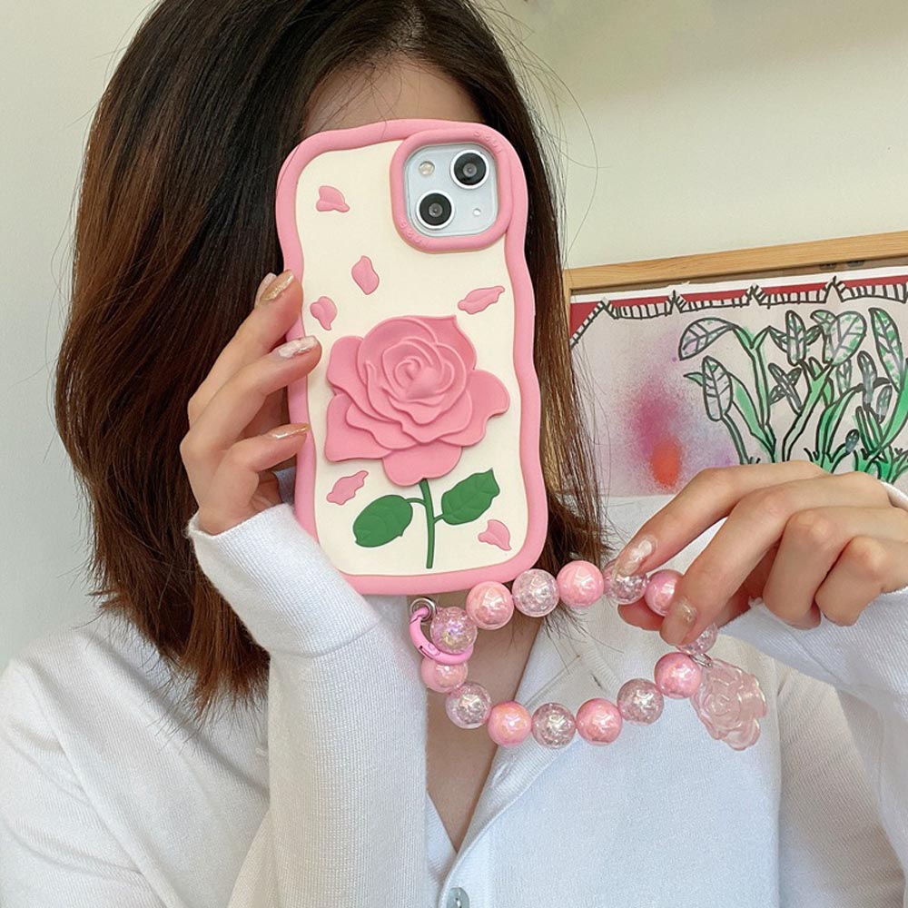 Pink Rose Silicone Soft Cover With Bracelet - iPhone 15