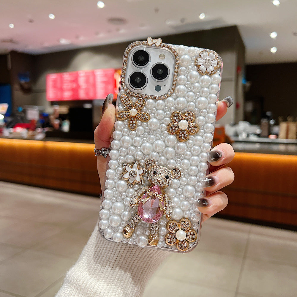 Handmade Decorative Pearl and Diamond Bear Phone Case - iPhone 12 Pro Max