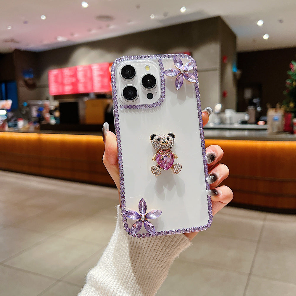 Crystal Stone Bear Heart Bling Flower Transparent Phone Case - iPhone 14 Plus